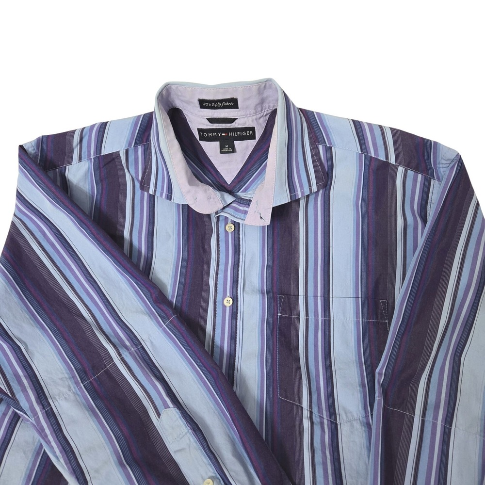 Tommy Hilfiger Shirt Men's M Blue Purpl Striped Long Sleeve Button Up 80's 2 Ply - Picture 3 of 15